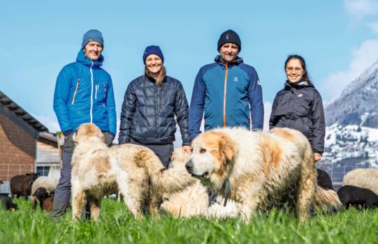 Gemeinsamer Einsatz für die Herdenschutzhunde: Mathias Rüesch vom SGBV, Olivia und Martin Bernold sowie Mila Yong vom WWF (von links).