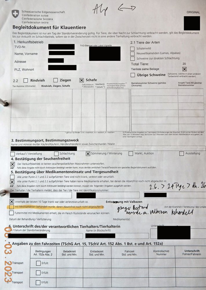 Beispiel eines nicht korrekt ausgefüllten Begleitdokuments (Behandlung angegeben, aber Kreuze falsch gesetzt, Fahrzeiten nicht eingetragen).